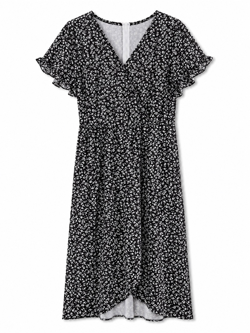NWOT Women Midi Dress Black with White Floral Pattern V Neck Size Medium